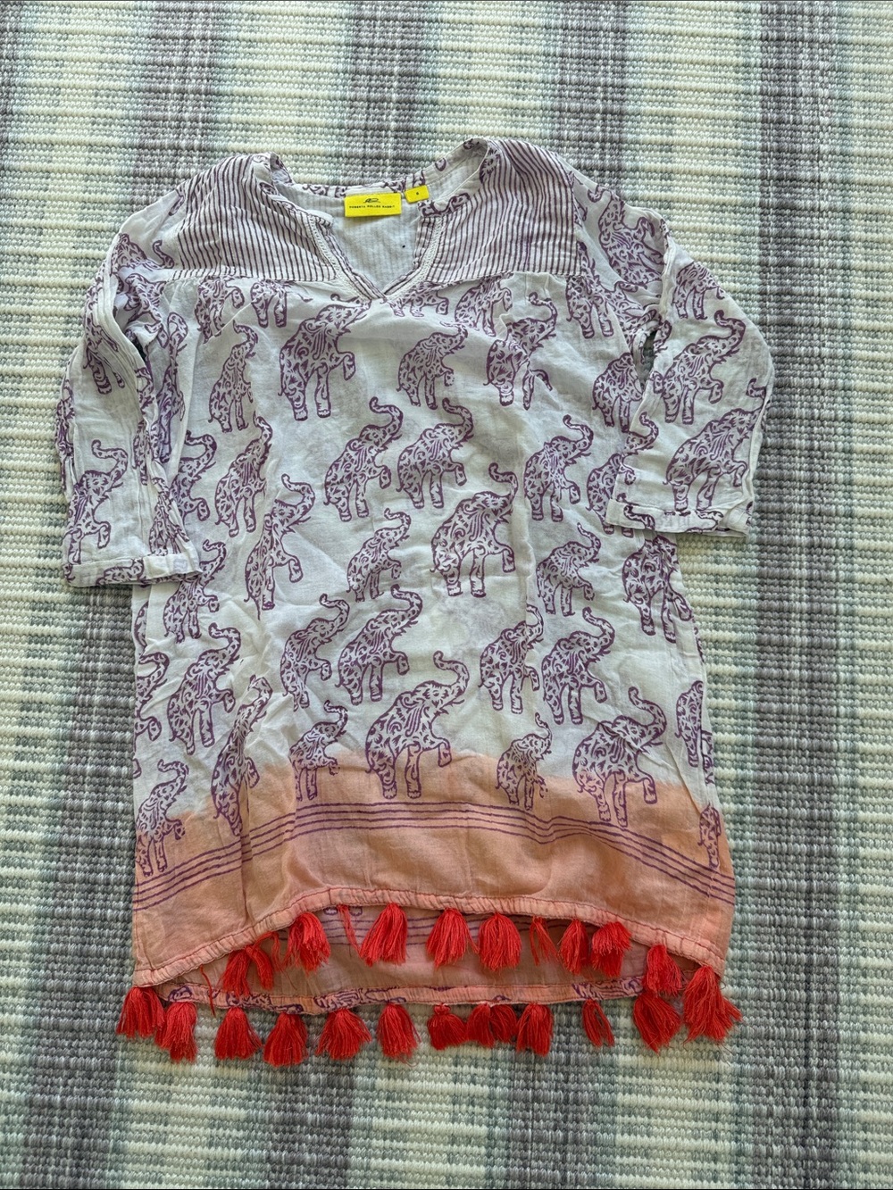Roller Rabbit Kids Elephant Tunic in Light Gray and Coral Red Tassels